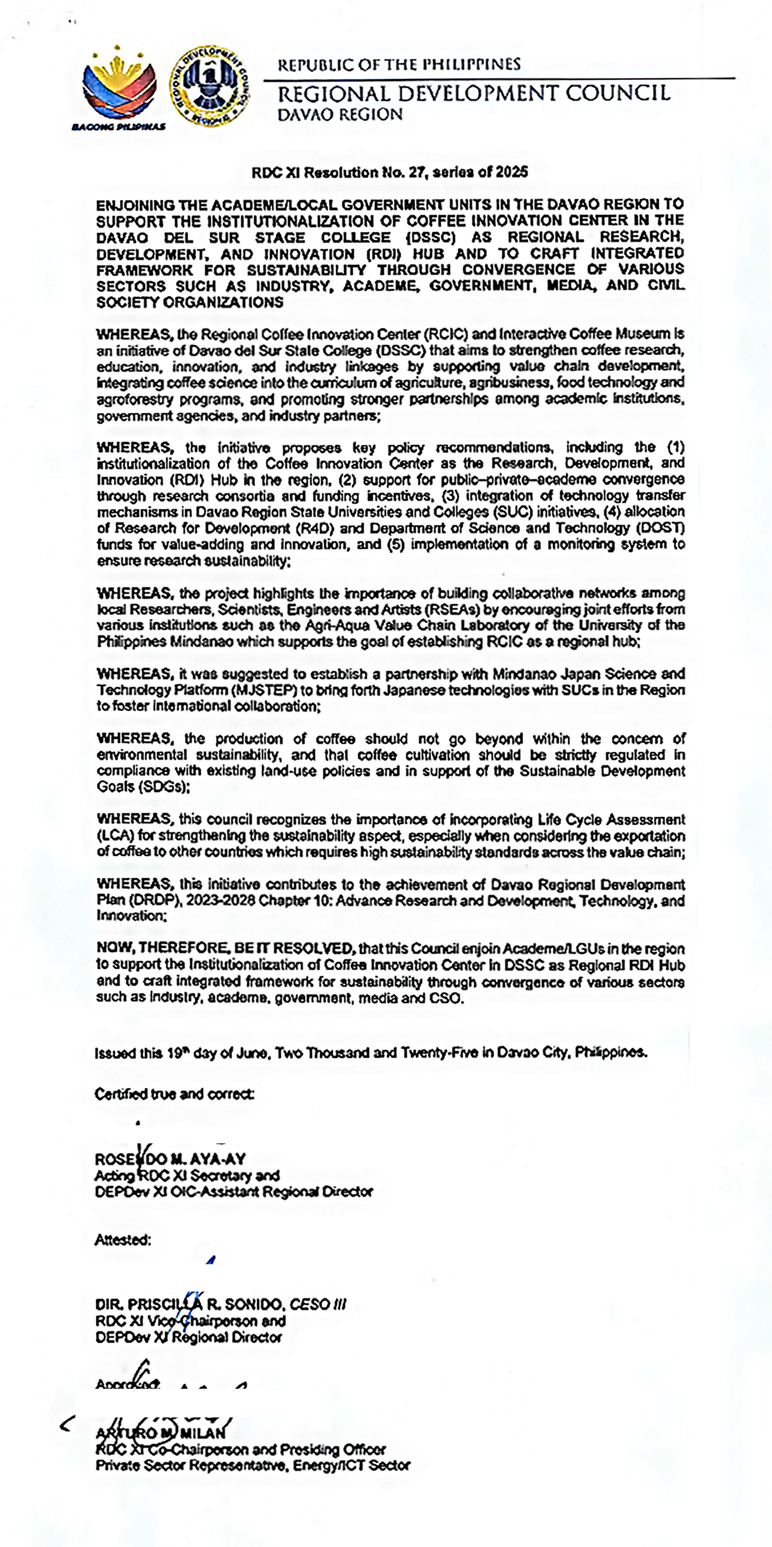 RDC XI Issues Resolution: Institutionalizing DSSC Coffee Innovation Center as Regional RDI Hub in Davao Region